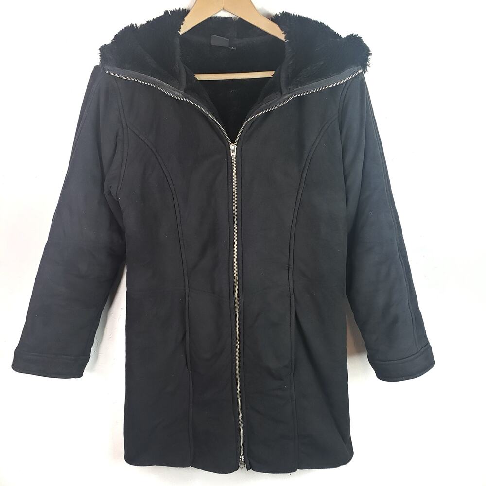 NILS Black Hooded Faux Fur Lined Zip Front Coat S